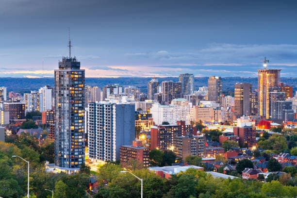 Hamilton skyline at blue hour
